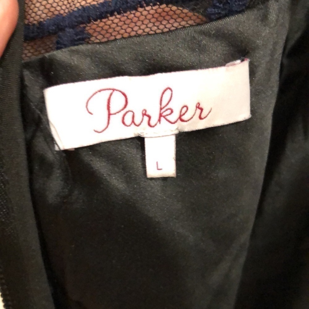 PARKER shift dress with sheer lace neckline and sleeves.  Dark blue and black. L - Picture 7 of 9